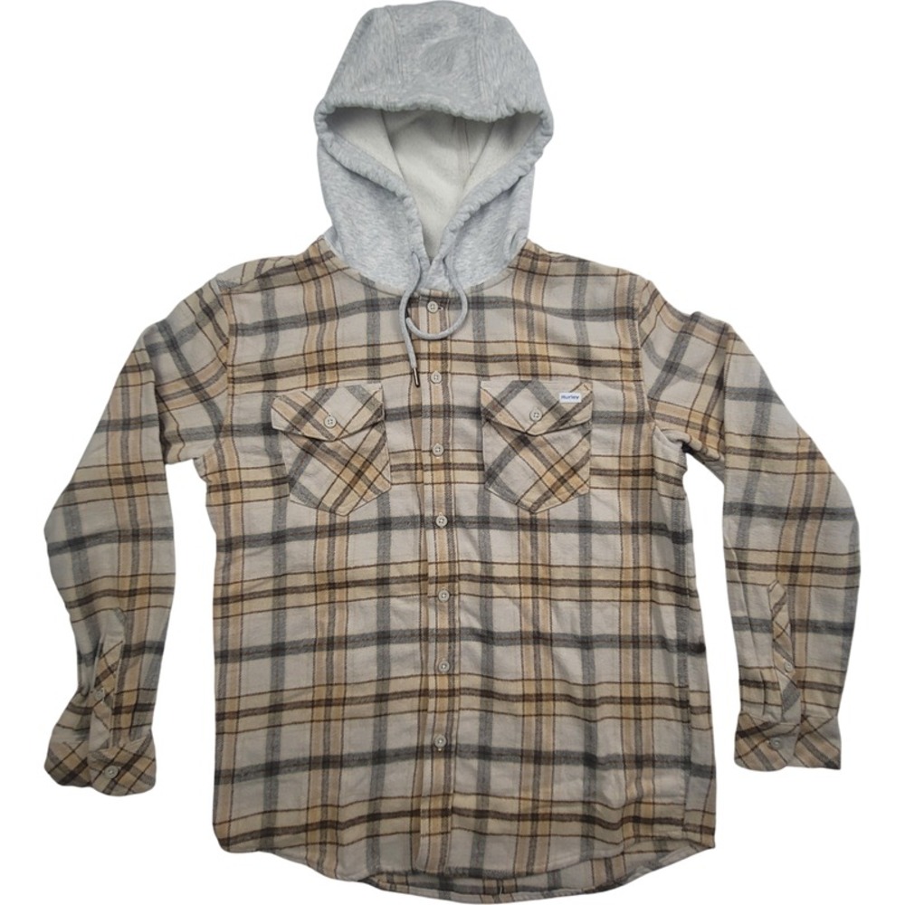 Hurley Men's Plaid Flannel Hoodie Shirt Sz Small Cotton Tan Gray Plaid Design‎